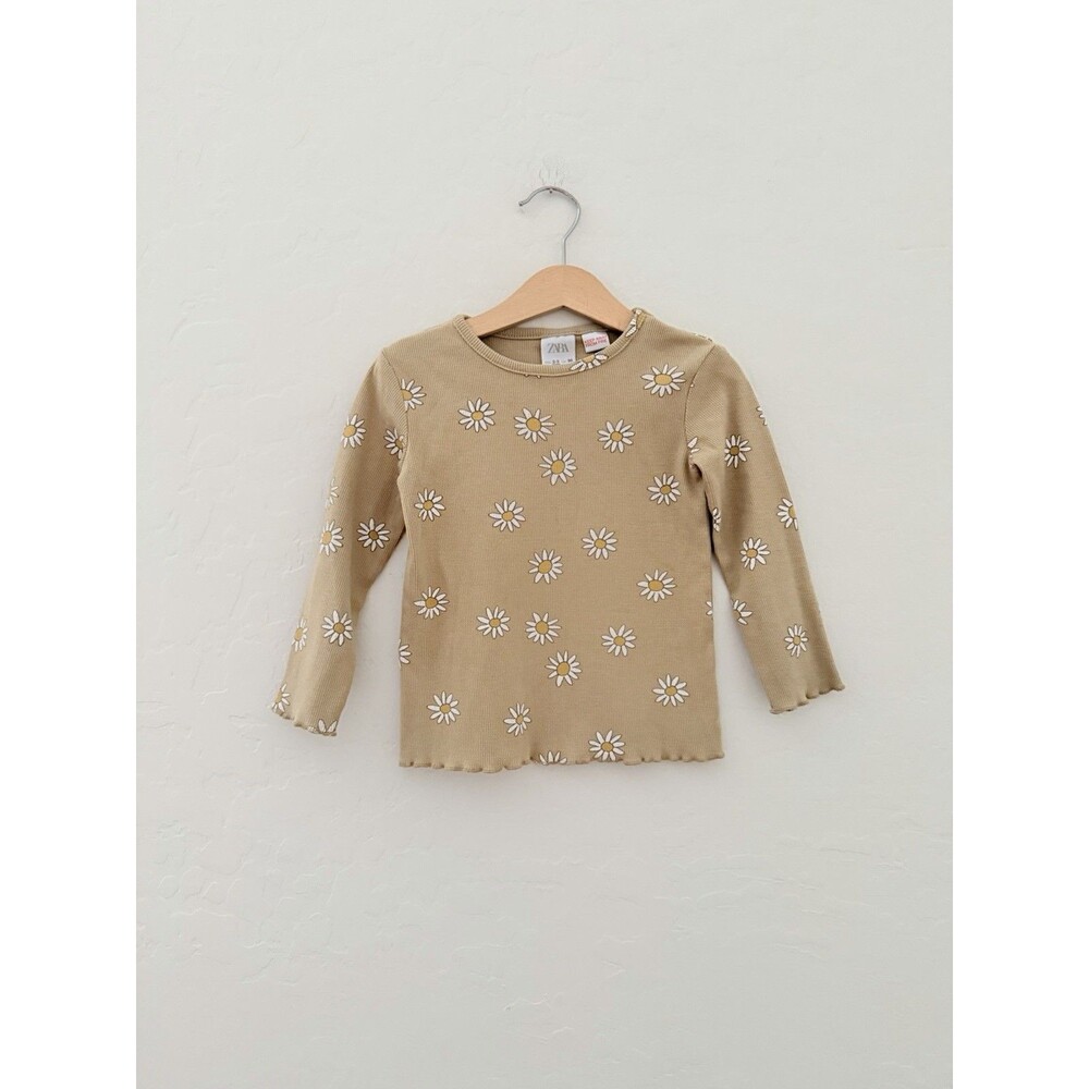 Zara Girls 2-3 Years Toddler Beige Daisy Floral Ribbed Long Sleeve Top